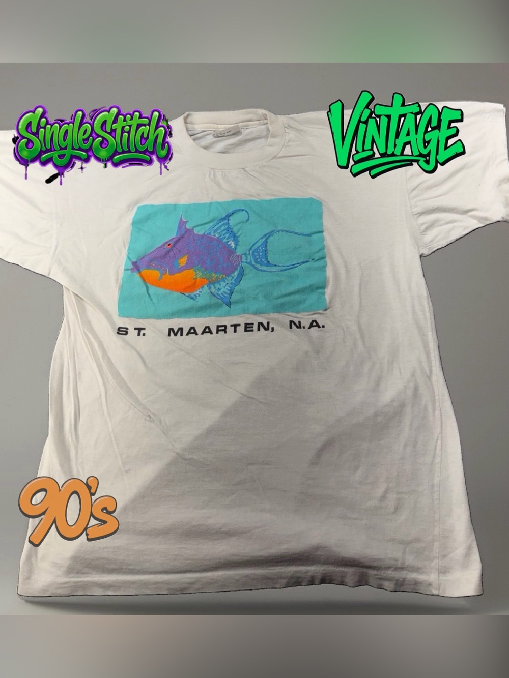 Coco Walk T-Shirt Mens XL St Maarten Fish Single Stitch 19.5x24.5 Vintage 90s